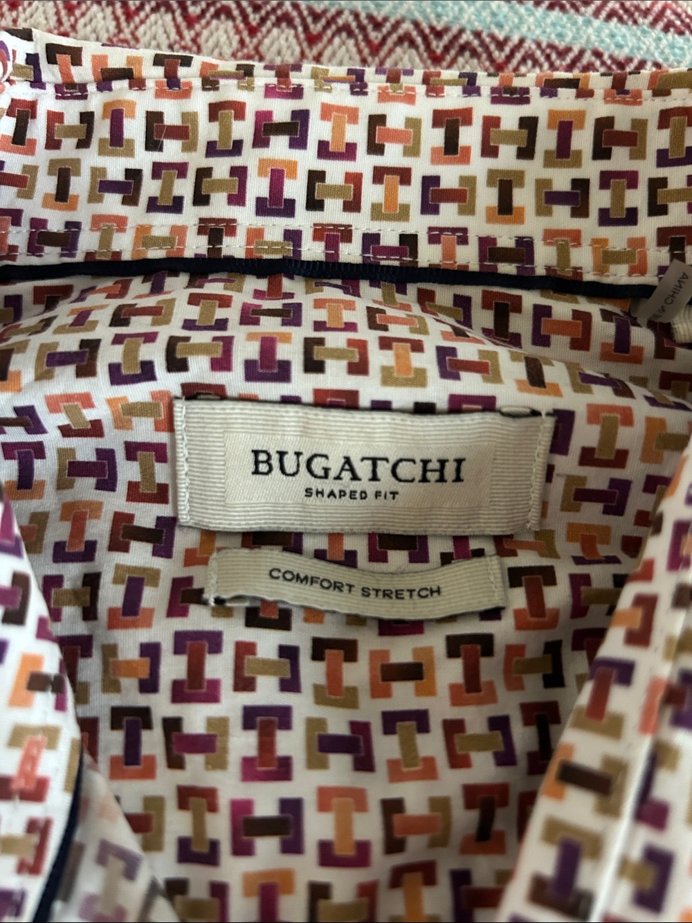 Bugatchi White Button-Down Shirt with Purple, Orange and Brown Geometric Print
